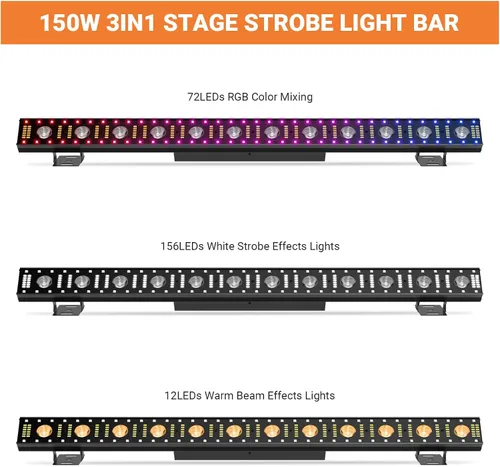 Vista 4 de Barra de luz de escenario alimentada por batería: 150W 3IN1 RGBW cambio de color - Inalámbrico 2.4G DMX y control remoto - Efectos estroboscópicos