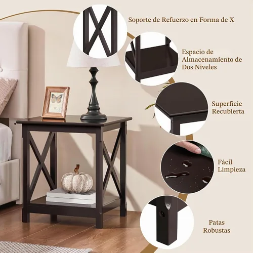 Vista 5 de Yaheetech X-Design - Juego de 2 mesas auxiliares para sofá con estante de almacenamiento, soporte lateral de 2 niveles, mesa pequeña para sala