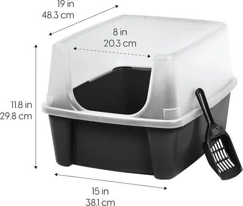 Vista 8 de IRIS USA - Caja de arena para gatos con tapa abierta con pala y escudo de dispersión, color negro + paquete de fuente de agua para gatos de 44