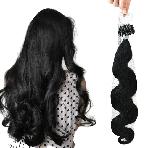 Vista 11 de Extensiones de cabello humano microlink de 16 pulgadas, extensiones de cabello natural suave de microcuentas, color #1 negro azabache, 100% cabello