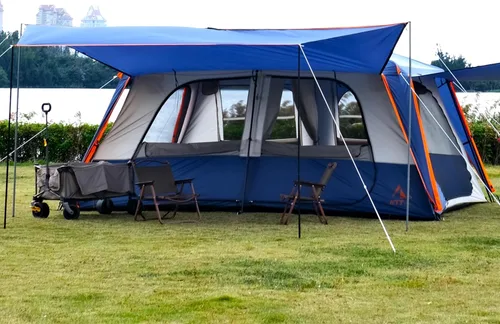 Vista 7 de KTT Extra Large Tent 12-14 Person,Family Cabin Tents,2 Rooms,Straight Wall,2 Doors 4 Windows with Mesh,Waterproof,Double Layer,Big Tent for Azul
