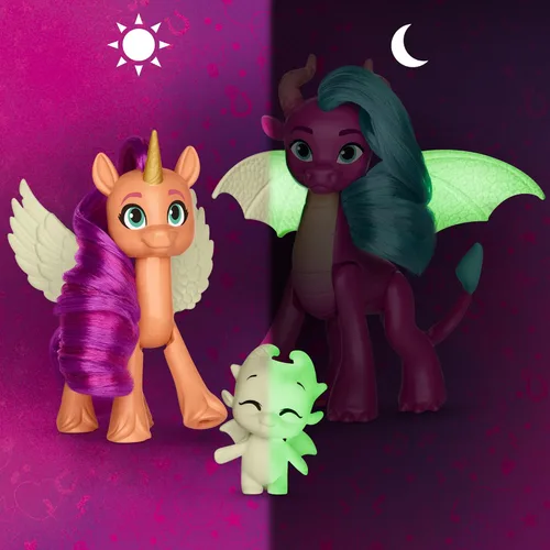Vista 4 de My Little Pony: Tell Your Tale Dragon Light Reveal, 3 muñecas que brillan en la oscuridad, juguetes a escala de 3 pulgadas para niñas y niños a