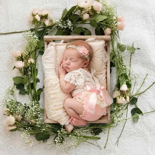 Vista 2 de ForBaysy Accesorios de Fotografía para Recién Nacidos Conjunto de Niña Mameluco de Encaje a Juego con Linda Diadema de Flores Vestido para Recién