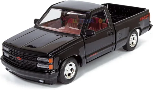Vista 2 de All Star Toys 1992 Chevy C1500 454SS Pickup Truck a escala 1/24, modelo de coche fundido en metal negro con interior rojo Silverado 454 SS Motormax