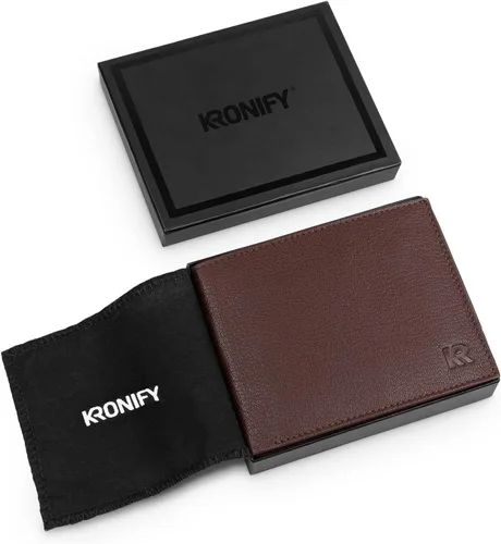 Vista 7 de KRONIFY Leather Wallet Men RFID Blocking Bifold & Trifold Genuine Leather 13 Card Slots Coin Pocket Gift Box Natural Dark Brown