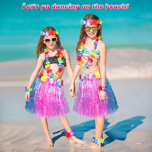 Vista 5 de Fortuning's JDS Conjunto de falda elástica hawaiana de hierba de bailarina hula con flores para niña