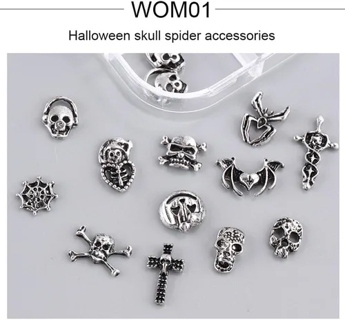 Vista 3 de 36 dijes de uñas de Halloween, 12 estilos, plata, forma de calavera, aleación, metal plateado antiguo, decoración de uñas