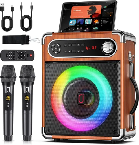 Vista 10 de JYX - Máquina de karaoke con dos micrófonos inalámbricos, altavoz Bluetooth portátil con ajuste de graves/agudos, sistema de PA con control remoto