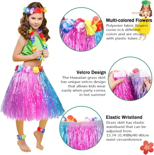 Vista 3 de Fortuning's JDS Conjunto de falda elástica hawaiana de hierba de bailarina hula con flores para niña