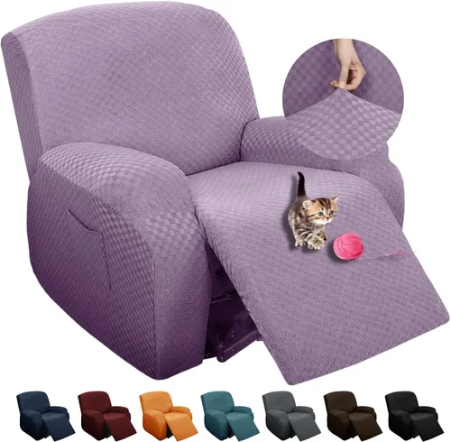 Vista 23 de YEMYHOM Funda elástica de 4 piezas para silla reclinable de jacquard con bolsillo lateral, antideslizante, ajustable, protector de muebles con parte