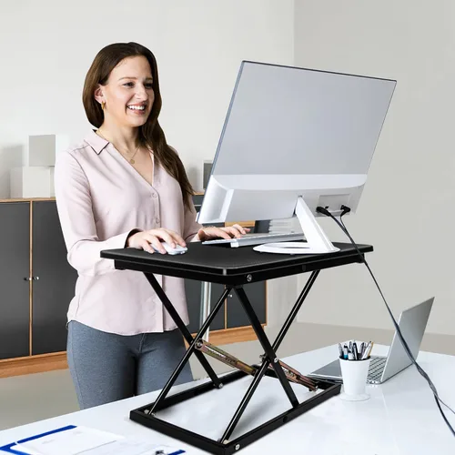 Vista 2 de Convertidor de escritorio de pie ajustable en altura - Soporta 300 libras, estación de trabajo elevadora para monitor/portátil totalmente montada