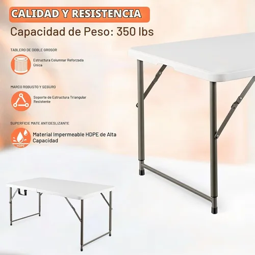 Vista 3 de Mesa plegable de 4 pies, mesa de plástico portátil de 3 niveles de altura ajustable con asa de transporte, mesa de campamento plegable