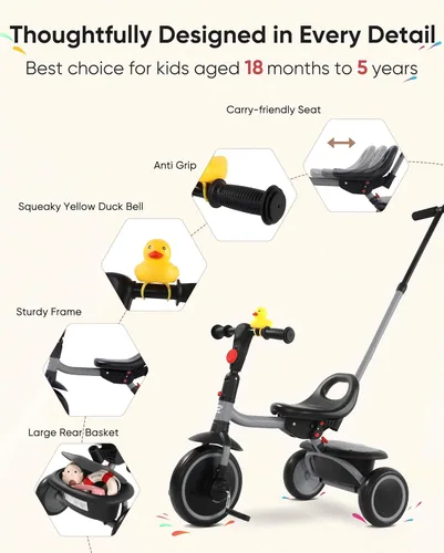 Vista 4 de RIDYEE Triciclo para niños pequeños de 18 meses a 5 años con mango de empuje extraíble, triciclos para niños de 3 a 5 años, ideal para familias
