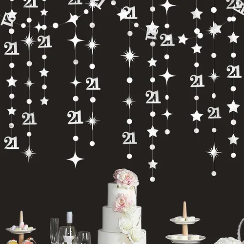 Vista 9 de Guirnalda de número 21 en negro con puntos circulares y estrellas centelleantes, metálica, para colgar, banderines, banner, telón de fondo
