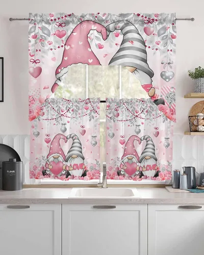 Vista 7 de Cortinas de Gnomos de San Valentín con Cenefa para Cocina, Cortinas con Bolsillo para Barra para Dormitorio, Sala de Estar, Baño, Cafetería, Negro