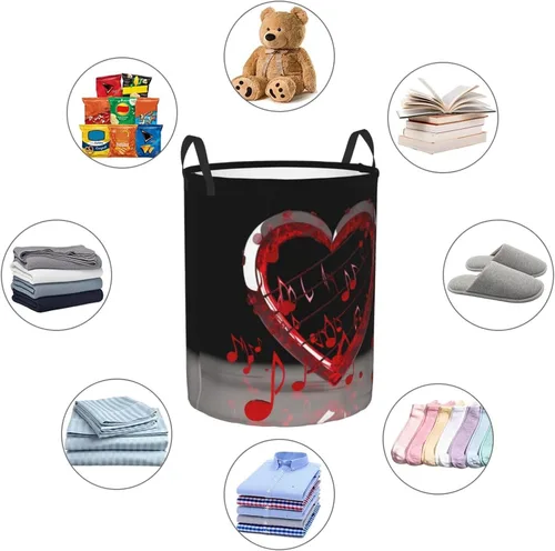 Vista 6 de Music Note Heart print Circular Hamper Waterproof Storage Bin Organizer Basket Laundry Hamper With Handles For Clothes Toys Small