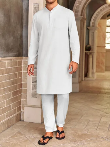 Vista 3 de Bata de caftán para hombre, con botones, manga larga, estilo Henley, de algodón, casual, con abertura lateral Blanco