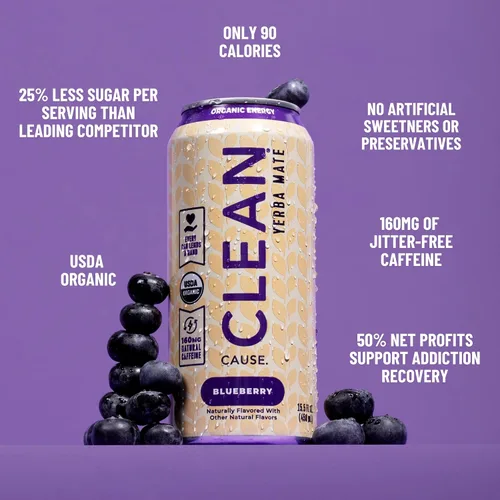 Vista 3 de CLEAN Cause - Té de yerba mate de arándanos no carbonatado, alternativa a bebida energética orgánica del USDA, baja en azúcar, 160 mg de cafeína