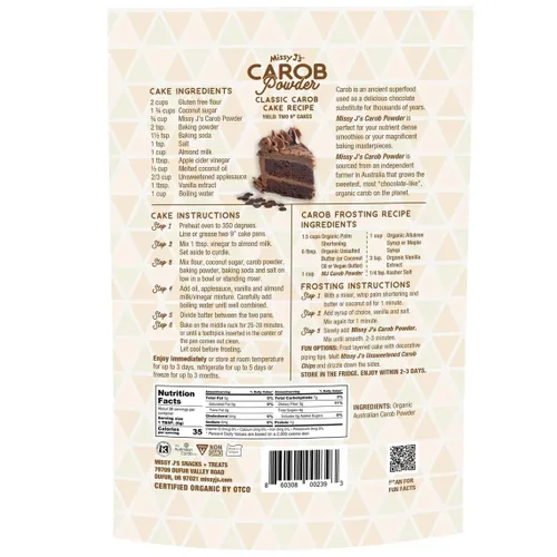 Vista 3 de Missy J's Polvo de algarrobo tostado orgánico de 8 onzas, 1 paquete, hecho de algarroba, vegano y sin gluten, sustituto saludable sin cafeína