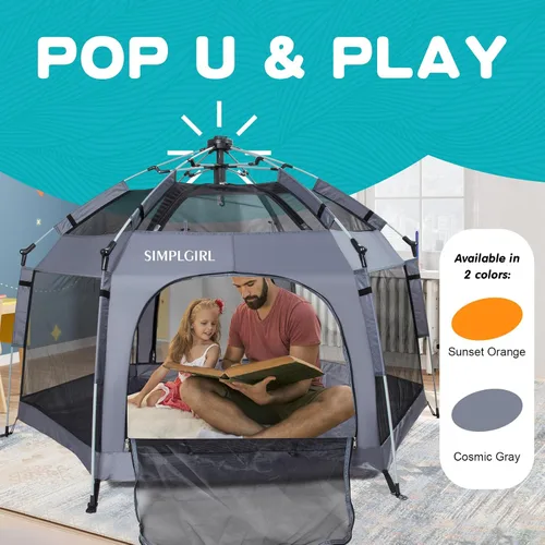 Vista 3 de Corralito para bebés de alta calidad para puerta y exterior, portátil, ligero, paquete desplegable y patio de juegos con toldo y bolsa de viaje, Gris