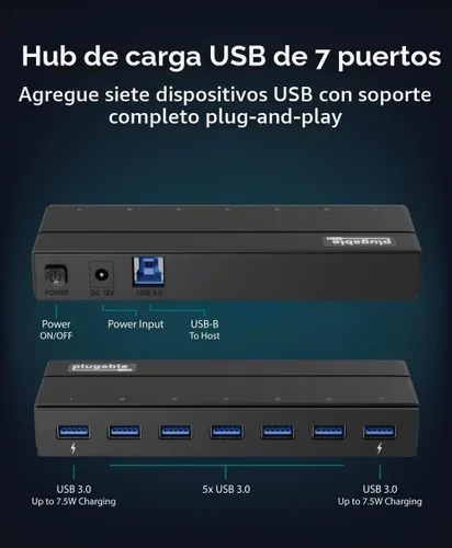 Vista 2 de Plugable Concentrador USB 3.0 de 7 puertos con adaptador de corriente de 36 W - Sin controlador - Conecta dispositivos y transfiere datos sin
