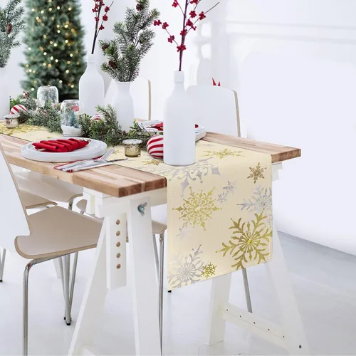 Vista 4 de Bonhause Camino de mesa con copos de nieve de invierno 13x72 pulgadas plateado y dorado, decoración de Navidad, invierno, vacaciones, cocina