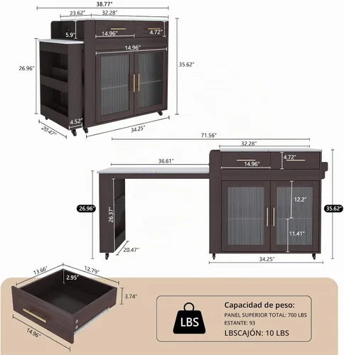 Vista 2 de HLR Isla de cocina extensible de 72 pulgadas con almacenamiento, mesa de isla con ruedas con encimera de grano de mármol y toma de corriente Marrón