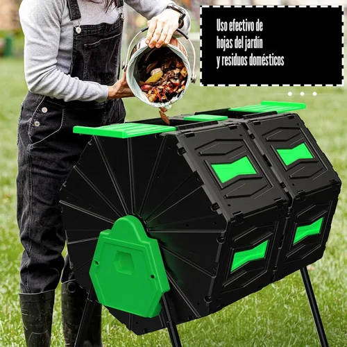 Vista 9 de Vaso de compost, fácil de montar y eficiente, contenedor de compost para exteriores, 45 galones/170 litros, compostador giratorio de doble cámara