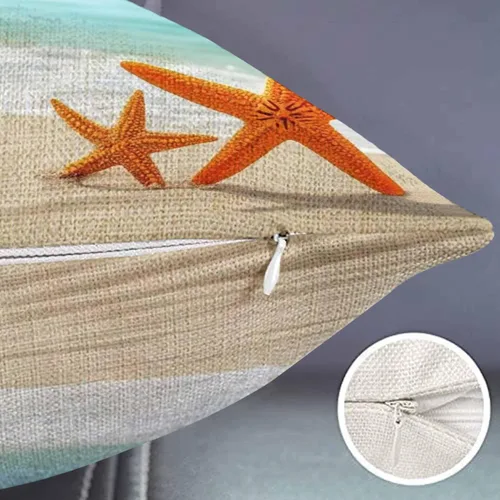 Vista 2 de Smooffly Funda de almohada de granja de playa, estrellas de mar y mares, océanos, cielo azul, conchas sobre la arena, fundas de almohada decorativas