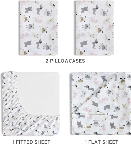 Vista 4 de Juego de sábanas de microfibra suave estampada de 4 piezas, White Puppy Love Amor de cachorro blanco