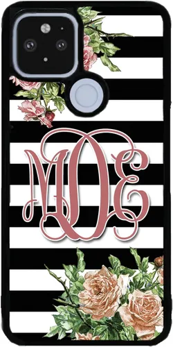 Vista 9 de Funda de goma negra con monograma de barras de flores vintage, compatible con Google Pixel 10, 10 Pro, 10 Pro XL, 9a, 9 Pro, Pixel 9, Pixel 9 Pro