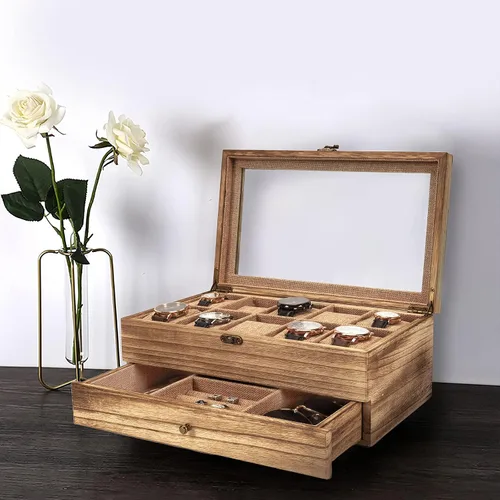 Vista 7 de Emfogo Caja de reloj funda de reloj con 10 ranuras para hombres y mujeres soporte de reloj de madera para hombres regalo para novio día del padre