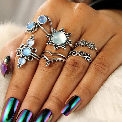 Vista 3 de Missgrace Anillos apilables bohemios para nudillos para mujeres, adolescentes y niñas, estilo bohemio, vintage, geométrico, cristal, 11