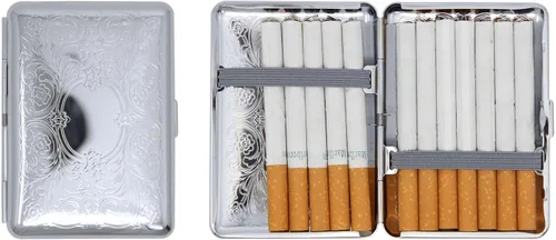 Vista 12 de Juego de 2 cajas de cigarrillos compactas chapadas en metal tamaño King con bandas elásticas (oro ovalado)