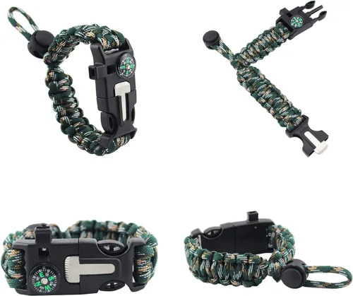 Vista 2 de MansWill Pulsera de supervivencia ajustable 5 en 1, nuevo kit de pulsera deportiva de emergencia de 7 núcleos, brújula impermeable, silbato