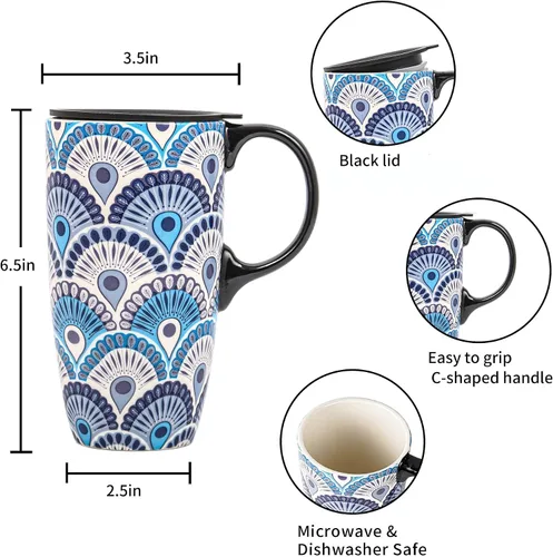 Vista 6 de Topadorn Taza de viaje de porcelana para café y té en color azul, taza de café de cerámica, 48 cl, en caja