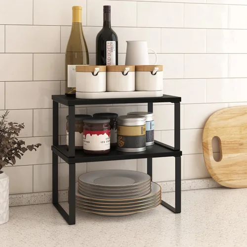 Vista 3 de Juego de 4 estantes organizadores de armario de cocina, estantes resistentes para encimera de cocina con patas de metal, estante apilable de madera