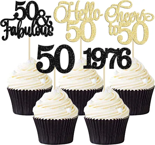 Vista 52 de Gyufise Paquete de 24 adornos negros para cupcakes de 10.º cumpleaños con purpurina negra 10 Ten Hello 10 Dights dobles desde 2015 para decoraciones
