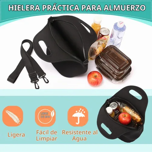 Vista 5 de Vaschy bolsa de almuerzo hermética de neopreno con correa ajustable desmontable para adultos y niños, Negro clásico, Negro clásico