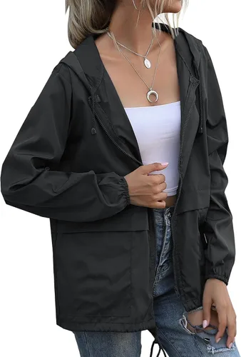 Vista 2 de Chaqueta impermeable ligera para mujer, rompevientos con capucha y bolsillos para exteriores