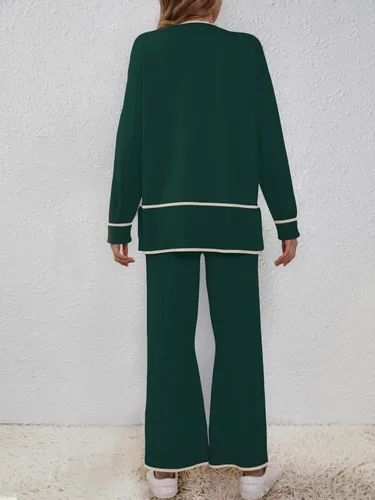 Vista 6 de SuperPrity Conjunto de 2 piezas de suéter para mujer, con cuello de muesca, manga larga, suéter de punto y pierna ancha