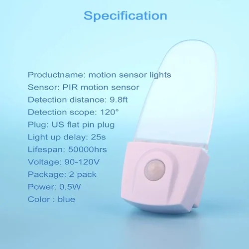 Vista 6 de GREENIC Paquete de 2 luces nocturnas con sensor de movimiento azul enchufables, lámpara de luz nocturna con detector de movimiento LED de 0.5 W