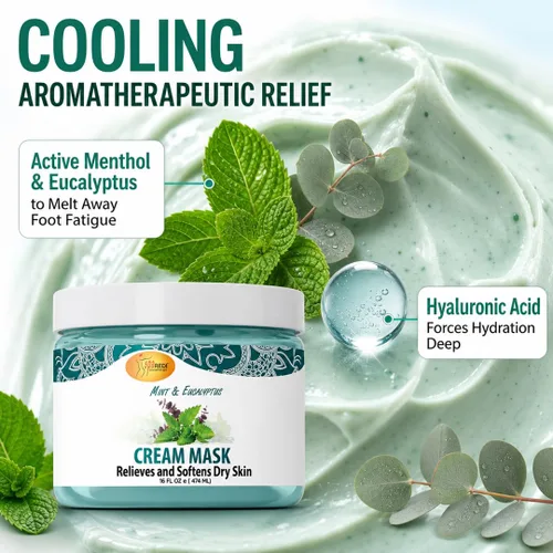 Vista 3 de SPA REDI Máscara de crema para pies y cuerpo, tratamiento refrescante de menta y eucalipto para talones agrietados y piel seca Ácido hialurónico