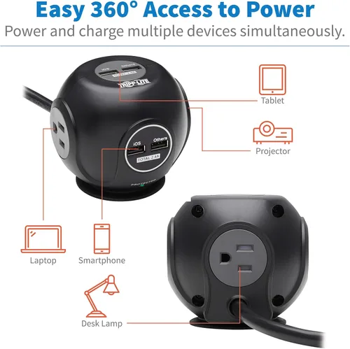 Vista 4 de Tripp Lite Protector de sobretensiones esférico de 3 tomas, 4 puertos USB (4.8A compartido) - Cable de 6 pies (6.0 ft), enchufe 5-15P, 540 julios