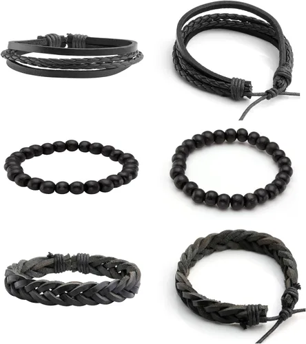 Vista 4 de Milakoo - 10 pulseras de cuero trenzado para hombre y mujer, pulseras de cuentas de madera ajustables