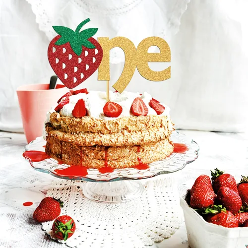 Vista 3 de Decoración de pastel de cumpleaños de fresa para el primer cumpleaños, decoración de pastel de cumpleaños con temática de frutas de un año