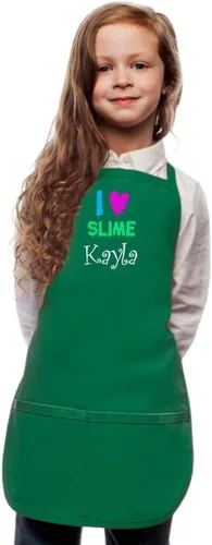 Vista 11 de Delantal personalizado para niños con diseño de bordado I Love Slime Rosa encendido