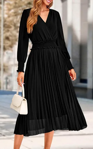 Vista 8 de PRETTYGARDEN Vestidos cruzados con cuello en V para mujer, para invitados de boda, casual, plisado, manga larga, vestido largo fruncido con volantes