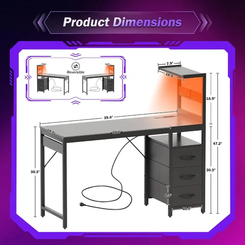 Vista 3 de YOUDENOVA Escritorio para computadora de juegos de 40 pulgadas con luces LED, escritorio pequeño con estantes y cajones de almacenamiento, mesa