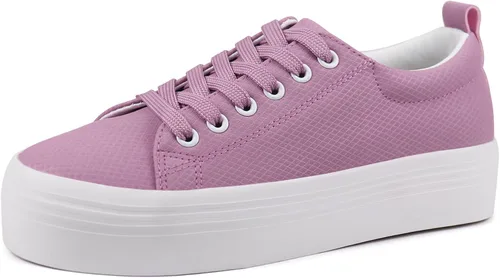 Vista 14 de JABASIC Zapatillas de plataforma con cordones para mujer, zapatillas casuales cómodas de moda para caminar Todo blanco